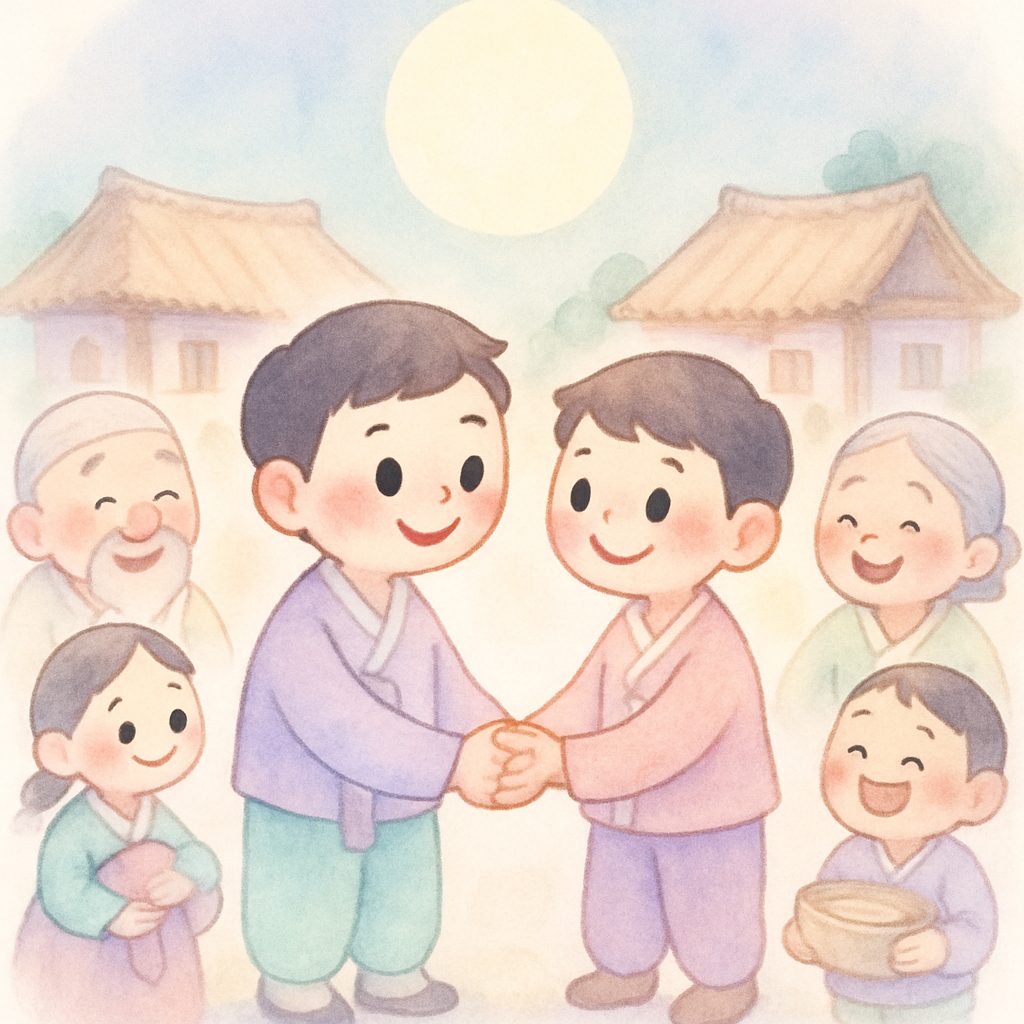 형과 동생이 손을 잡고 화해하며, 달빛 아래 마을 사람들과 함께 행복하게 웃는 따뜻한 결말 장면